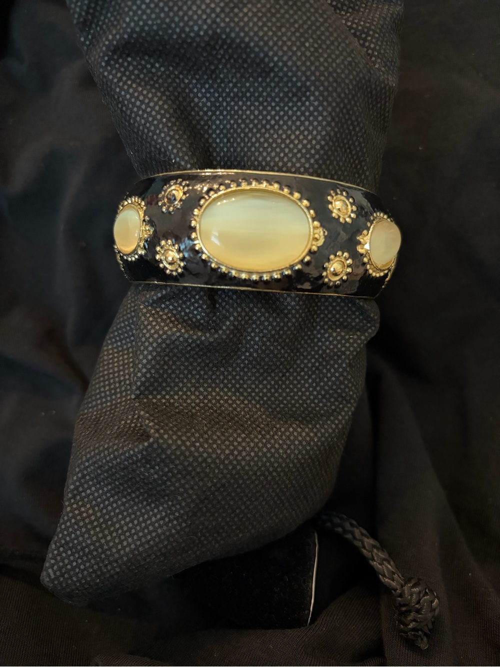 Elegant Black Enamel Bracelet with Cream Cabochons